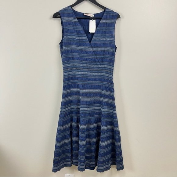 NWT Tory Burch Blue Striped Smocked CottonMidi Dress Size 4 - Picture 6 of 12